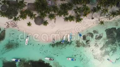 热带加勒比岛屿索纳，多米尼加共和国。 野生海滩、棕榈树和帆船，空中无人机视野